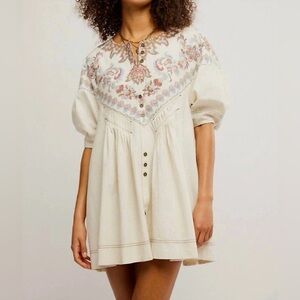 Free People Orson Mini Dress - Embroidered Cream Dress with Floral Design